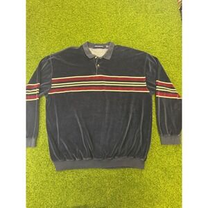 Vintage Christopher Hayes Mens XXL Velour Polo Shirt Navy Striped Long Sleeve